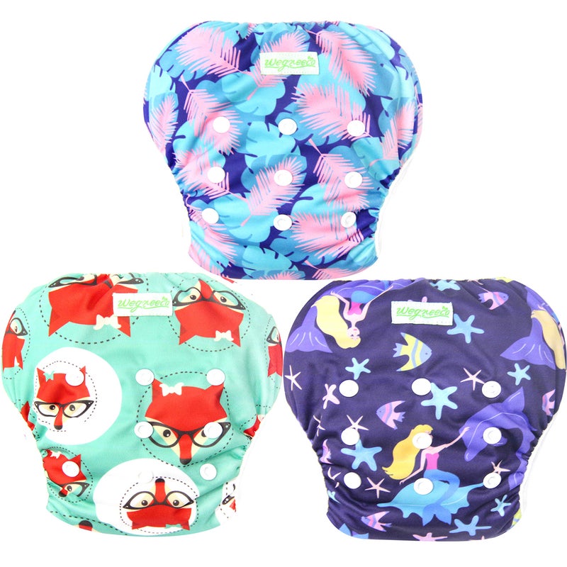 wegreeco Baby & Toddler Snap One Size Adjustable Reusable Baby Swim Diaper (Mermaid,Fox, Feather, Small, 3 Pack) - Image 1